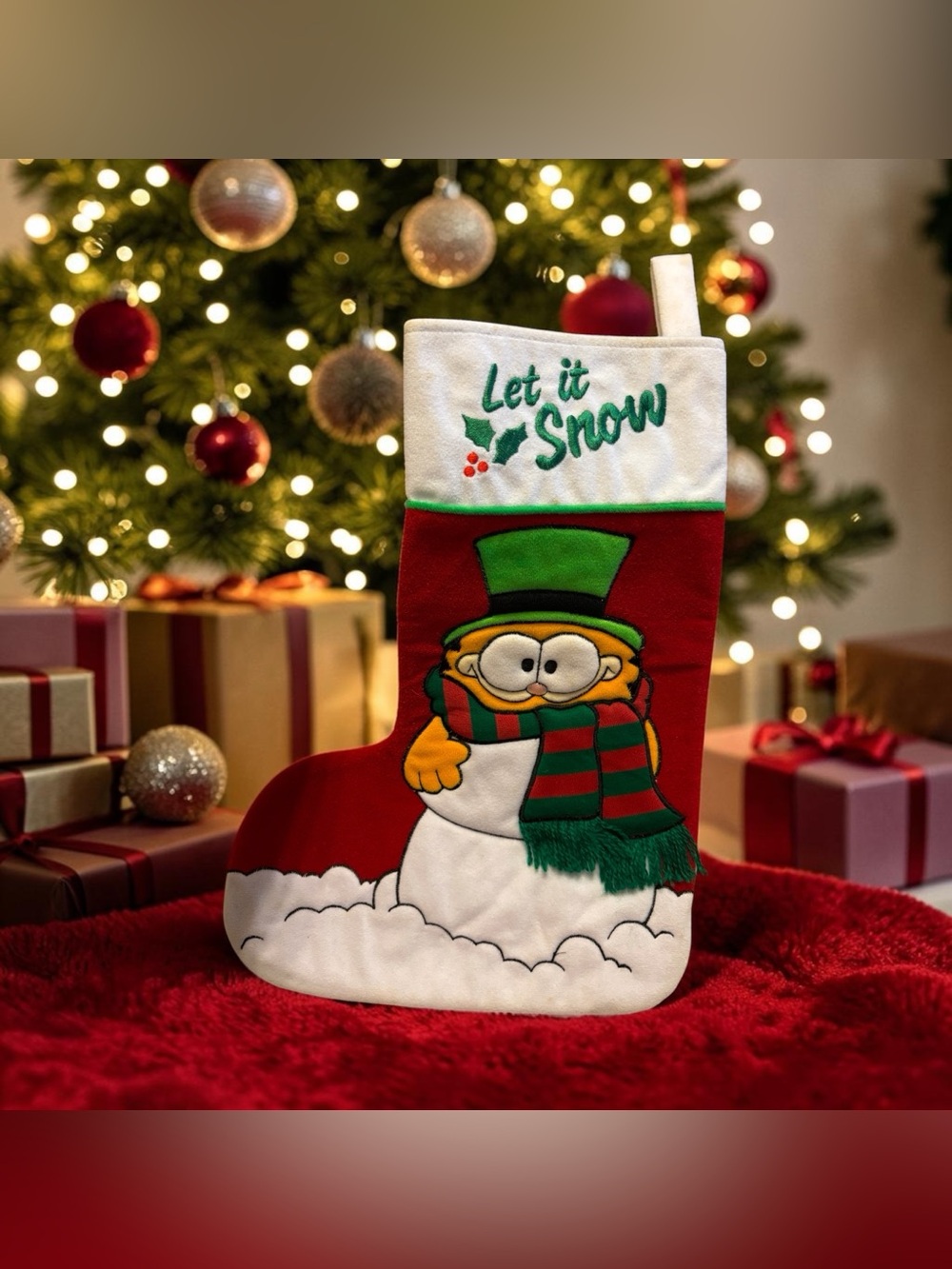 Vintage Dakin Garfield Cat Christmas Stocking Let It Snow Embroidered Appliqué